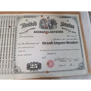 INTERNAL REVENUE LIQUOR DEALER TAX STAMP 1873
